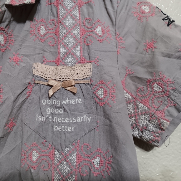 Odd Molly Anthropologie Pink Gray Embroidered Cotton Shirt Dress - Picture 3 of 5
